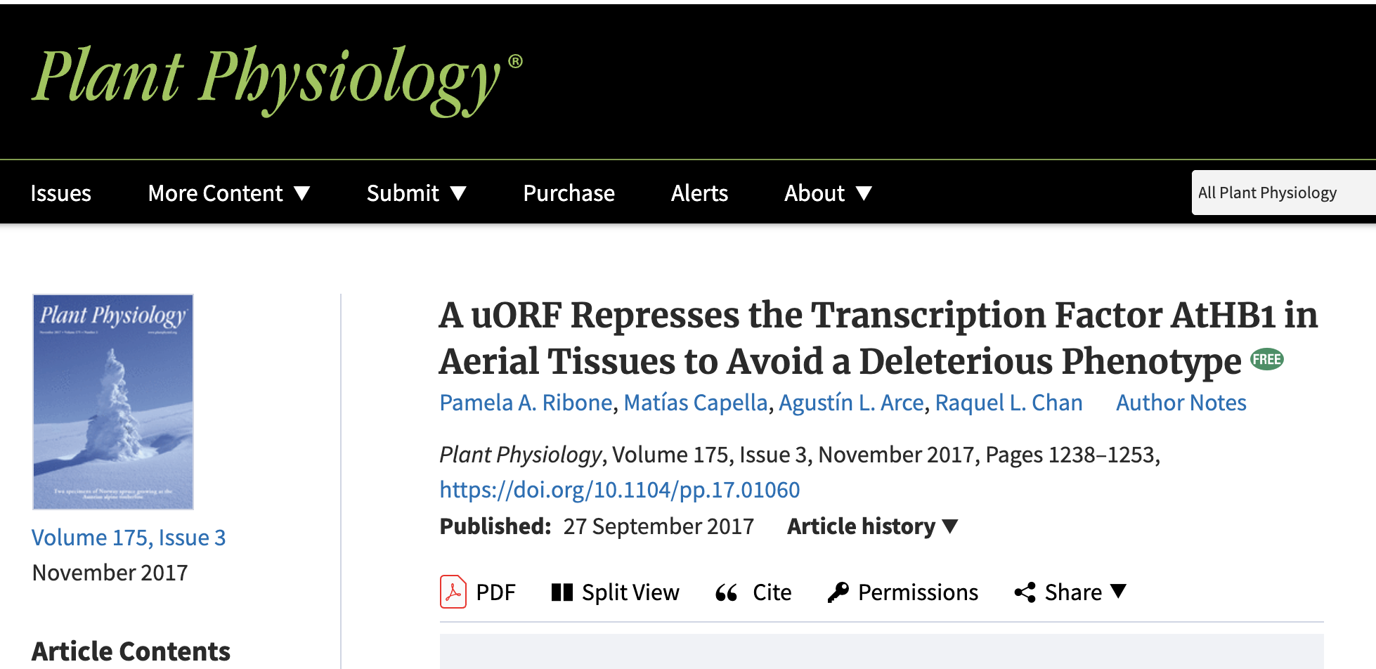 A uORF Represses the Transcription Factor AtHB1 in Aerial Tissues to Avoid a Deleterious Phenotype